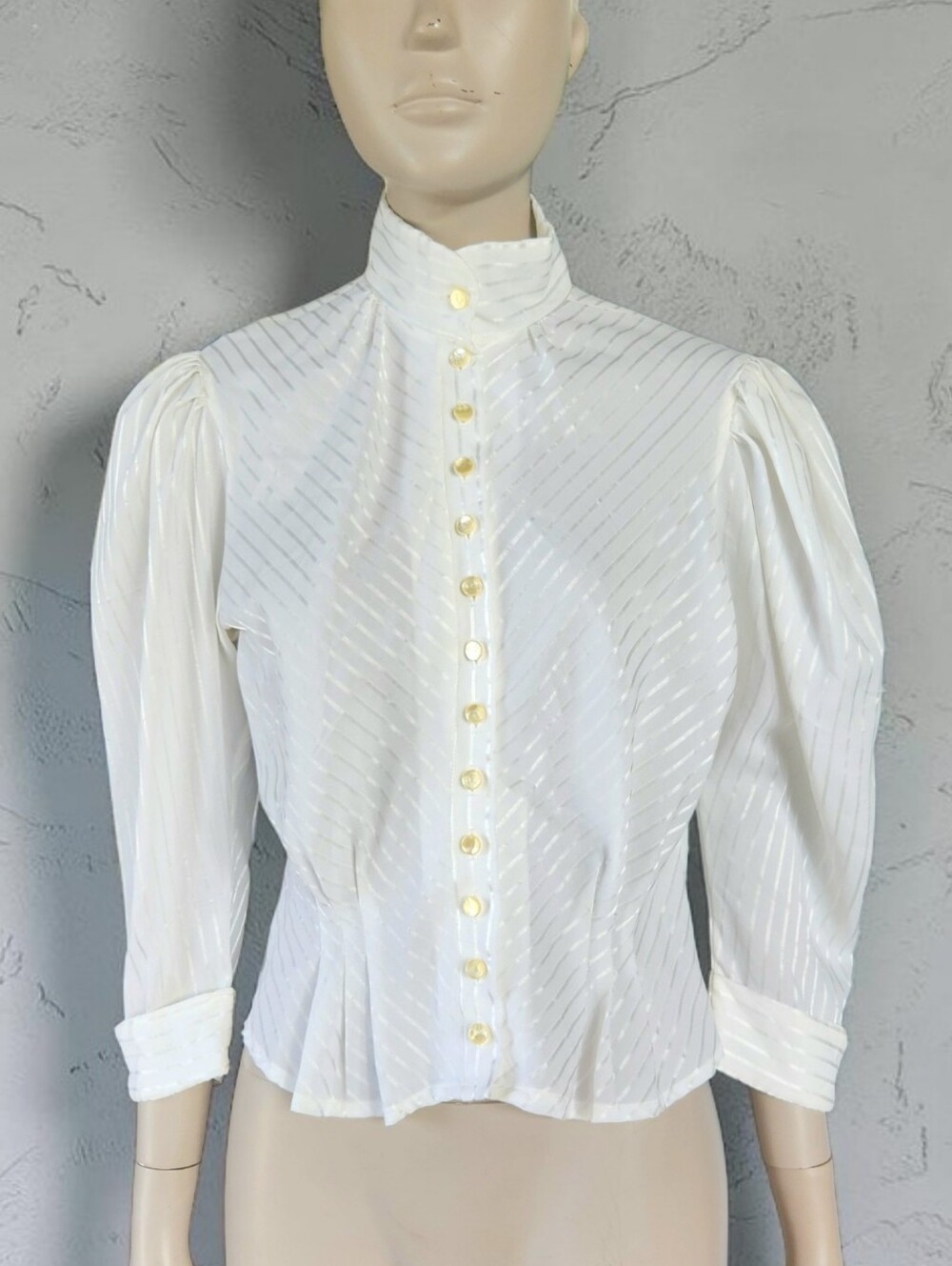 Vintage 80s Ardmore Ivory Shadow Srtipe High Neck Blouse S Victorian Prairie Top